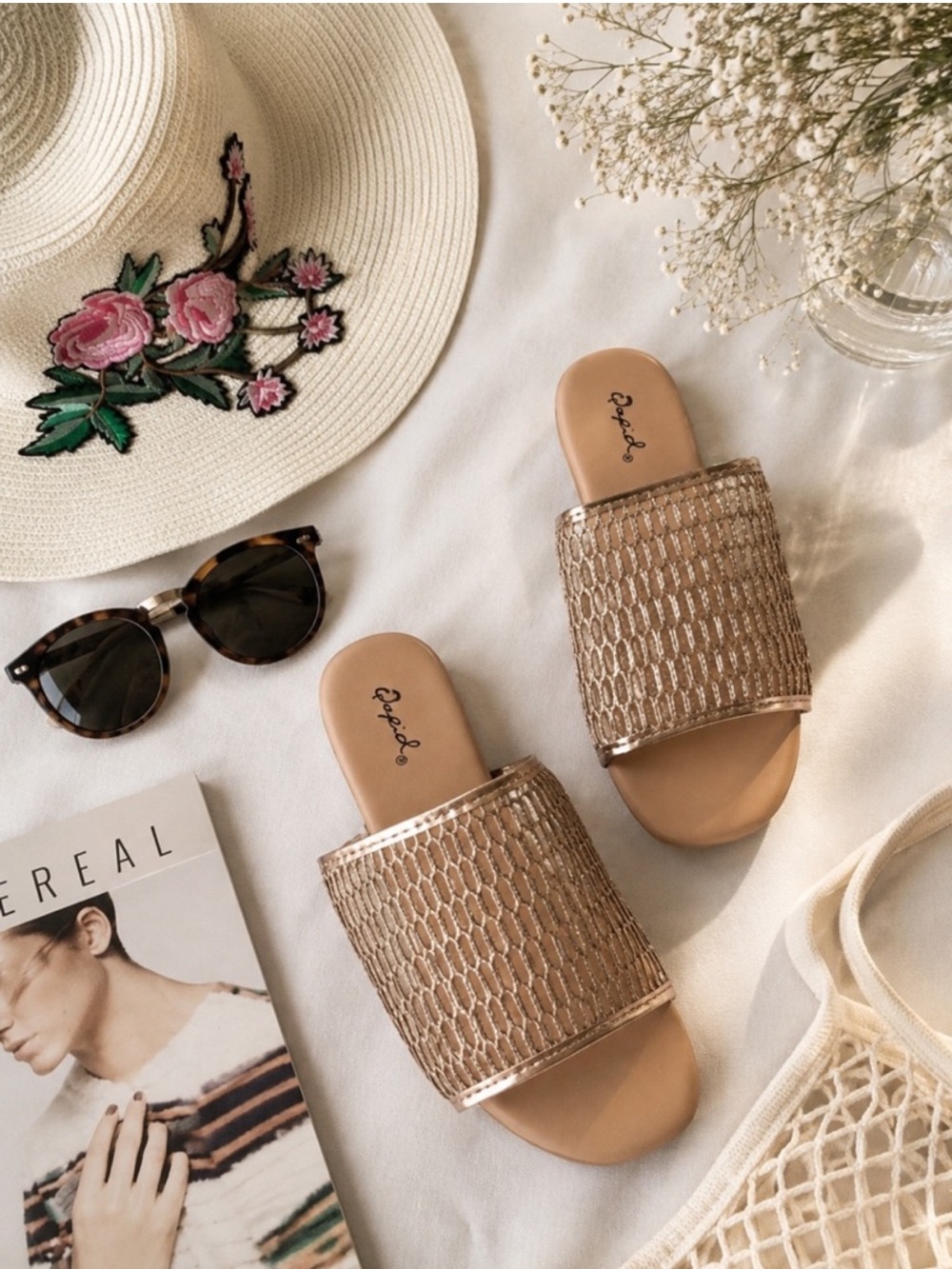 Rose gold metallic sparkly slip on sandals slippers